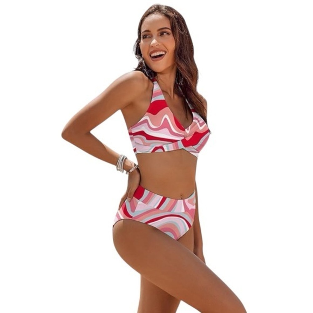 Ai’Mage High Waisted Halter Bikini Two-Piece Pink White Blue Multi Print…